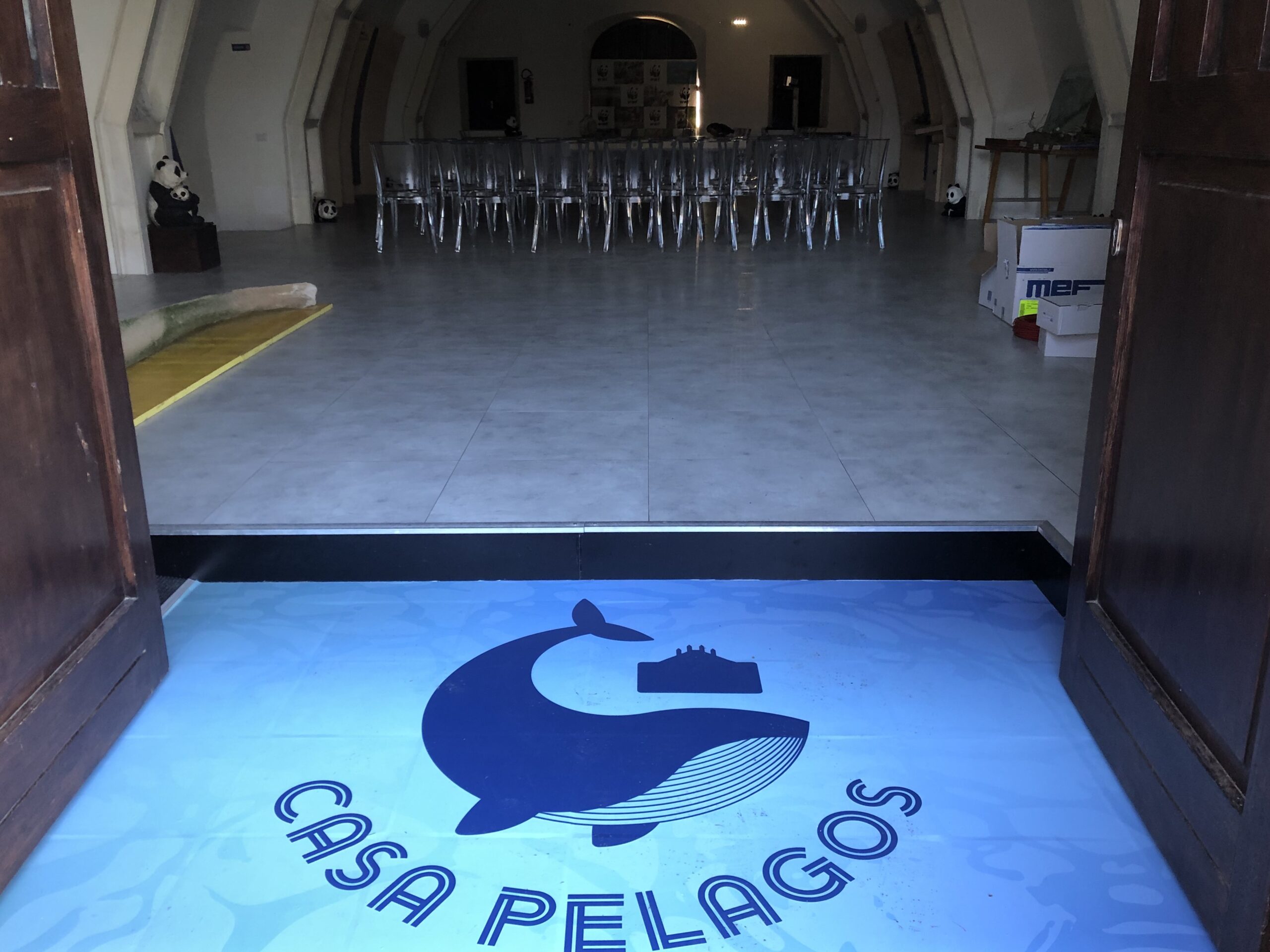 logo con balena in stanza con sedie